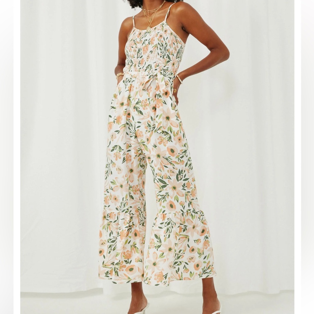 Floral Belted Ruffled Wideleg Smocked Jumpsuit